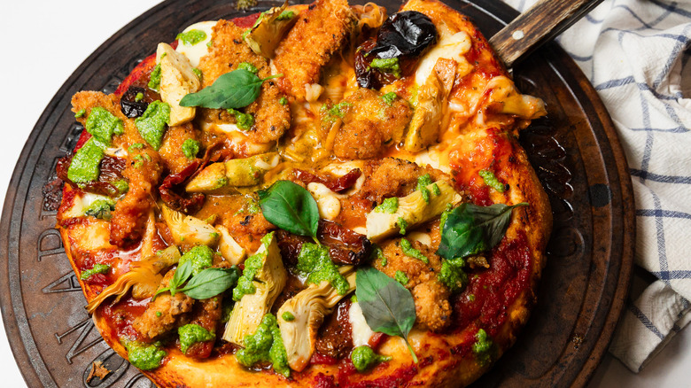 Overhead view of Italian deli style pizza