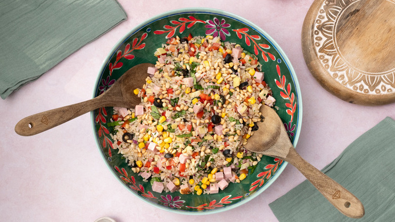 Crunchy Italian recipe salad with chopped ham and black olives