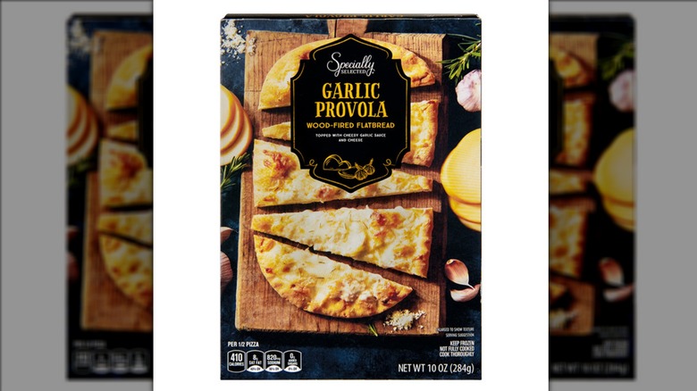 Specially Selected Wood Fired Garlic Provola Flatbread on white background