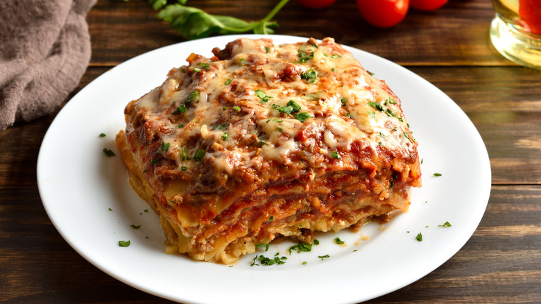 A plate of ground beef lasagna