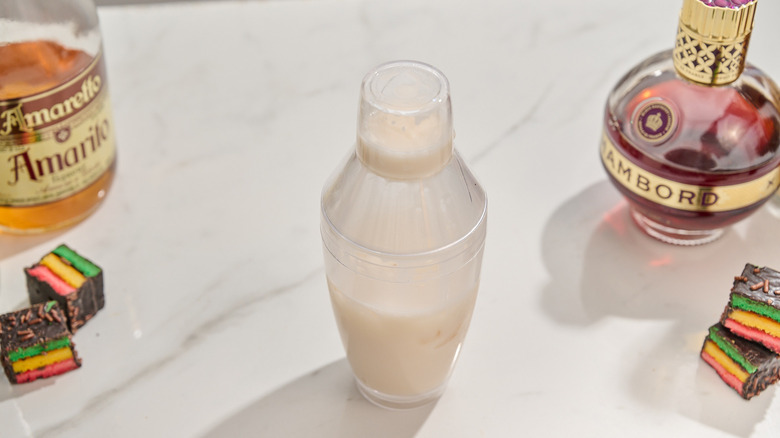 shaken cocktail in cocktail shaker