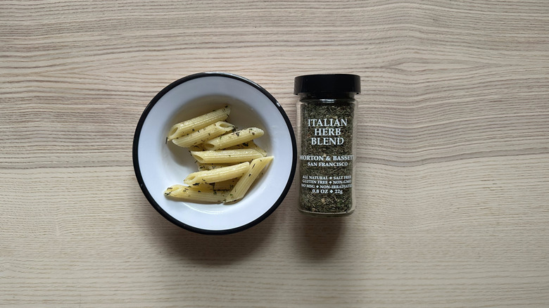 Morton and Bassett Italian Herb Blend with pasta in white bowl