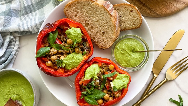 stuffed red peppers with bread slices