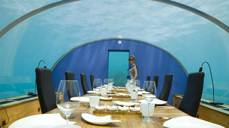 Ithaa Undersea Restaurant's underwater tunnel and dining area