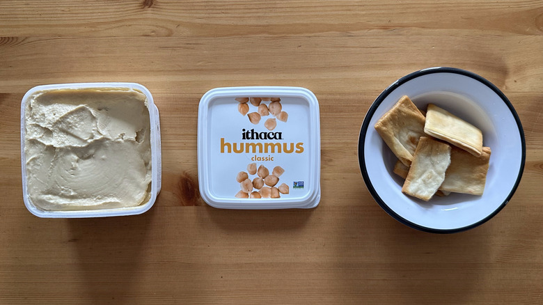Ithaca Classic Hummus on wooden table with pita chips