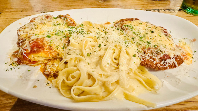 Olive Garden plate with three types of pasta