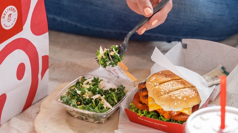 chick-fil-a bag with salad and sandwich