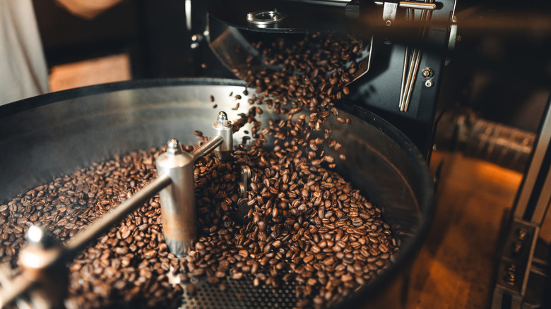 Coffee beans roasting in a professional-quality machine