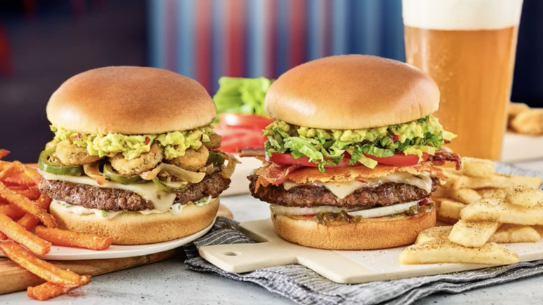 Red Robin burgers and regular and sweet potato fries with beer