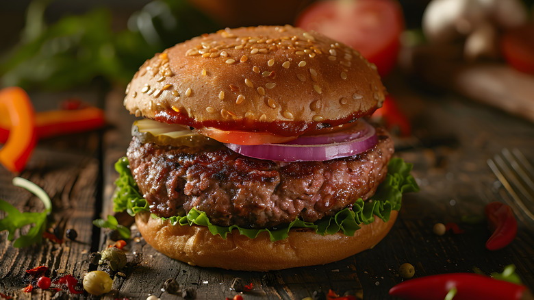 Homemade hamburger on a sesame seed bun with lettuce, tomato, red onion, and pickles