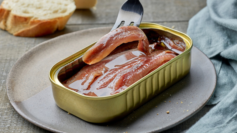 Fork removing an anchovy fillet from a can