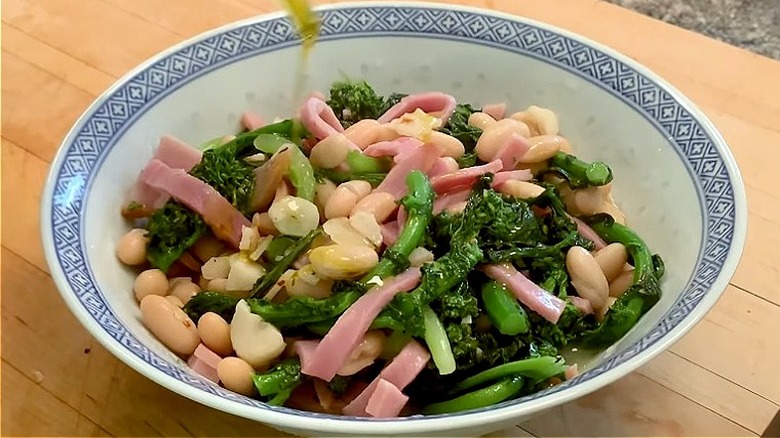 bowl of Jacques Pépin beans, ham, broccoli rabe dish