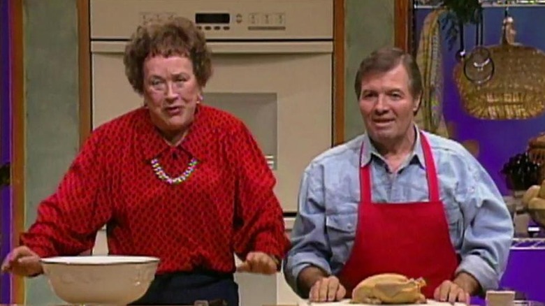 Julia Child and Jacques Pépin cooking on a PBS show together