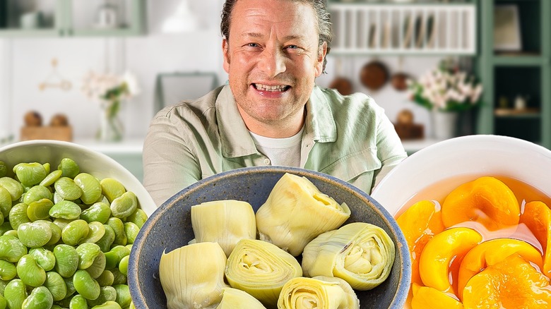 Jamie Oliver with varied ingredients