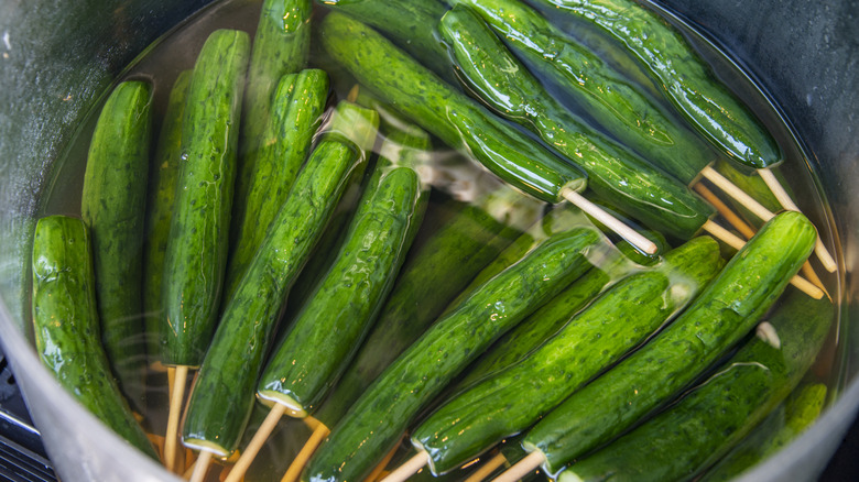 Japanese cucumbers on sticks in a barrel of vinegar