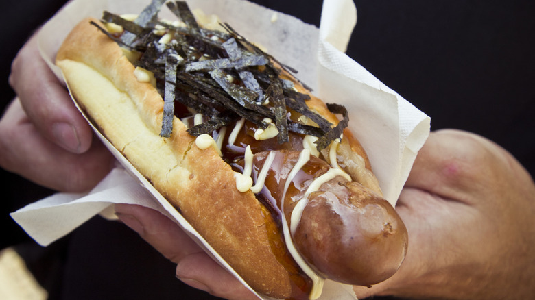 close up of Japadog terimayo hot dog