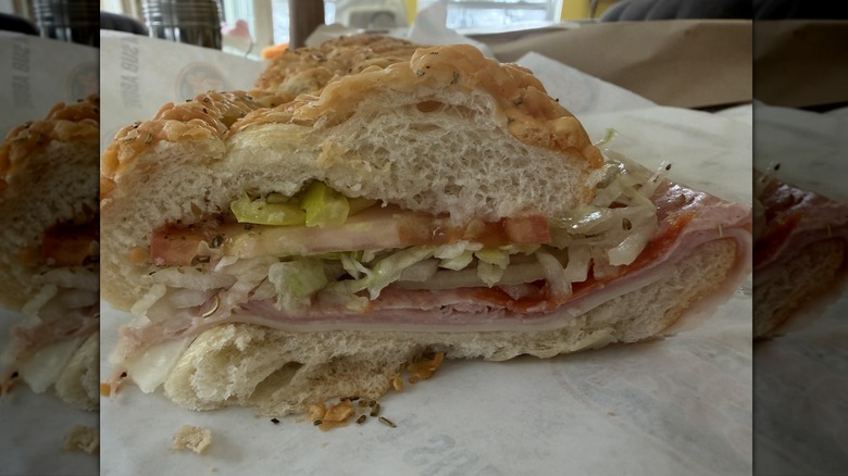 An example of a wilted, small Jersey Mike's sub on its white wrapping paper