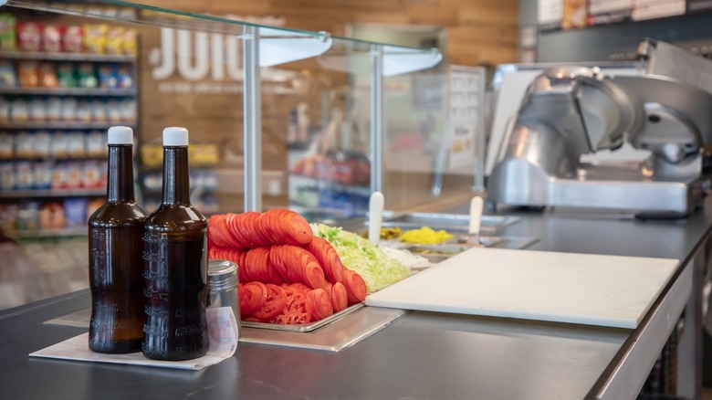 Close up of Jersey Mike's counter with fresh ingredients