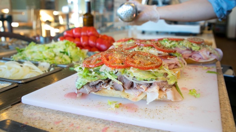 Close up of open sub behind Jersey Mike's counter