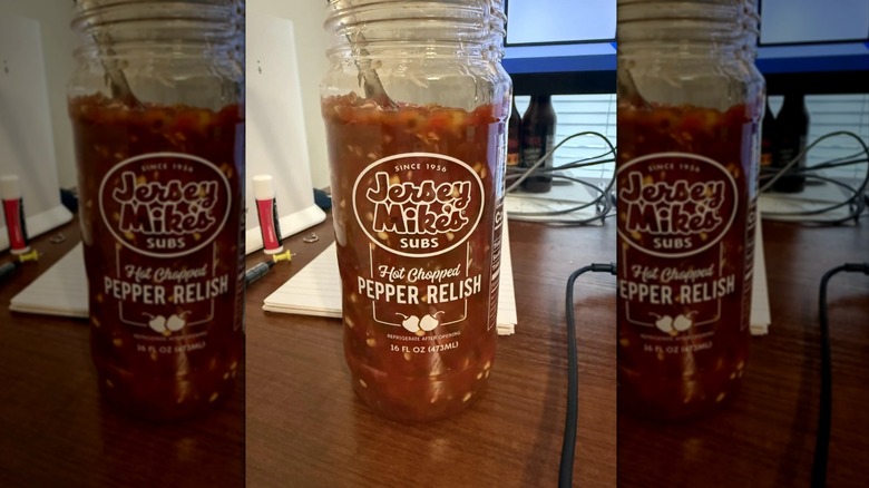 Jar of Jersey Mike's Hot Chopped Pepper Relish on a table