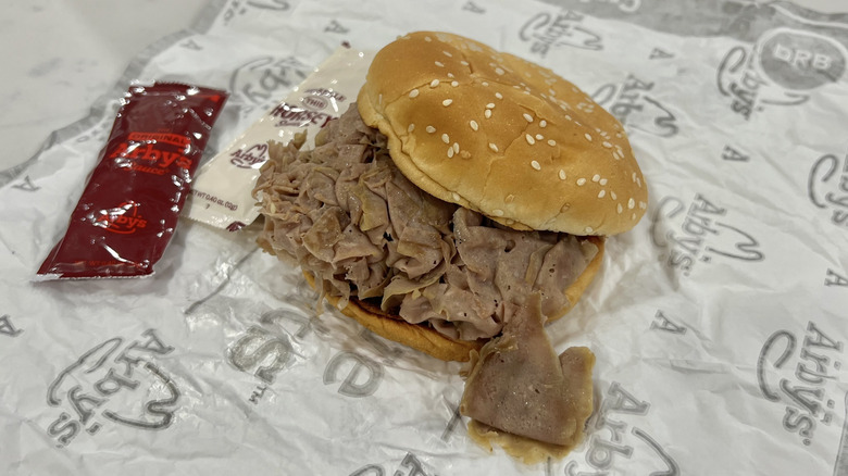 Arby's Classic Roast Beef sandwich with Arby's and Horsey sauce packets