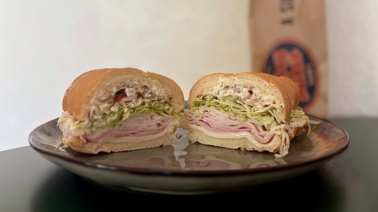 Close-up view of ingredients on a sub sandwich