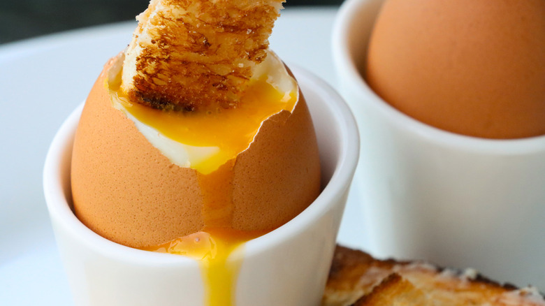 Toast being dipped into the yolk of a soft-boiled egg