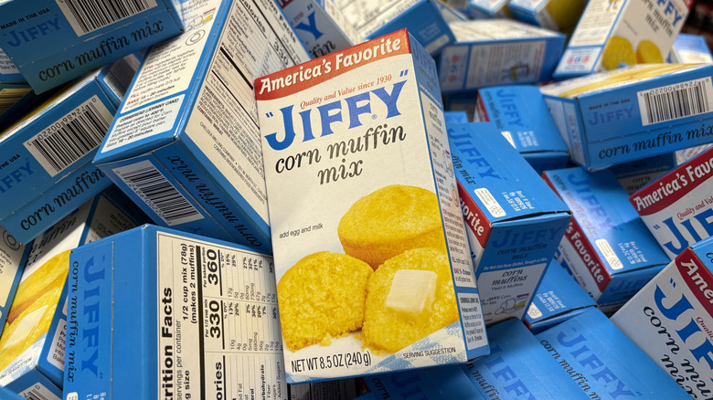 A pile of boxes of Jiffy corn muffin mix