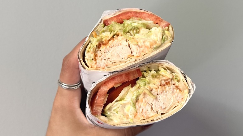 Close-up of Jimmy John's Buffalo Ranch Chicken Wrap cut in half
