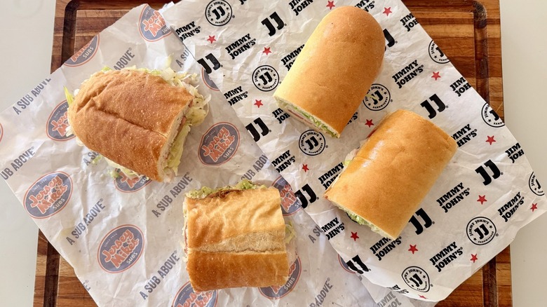 overhead shot of Jersey Mike's Turkey and Provolone and Jimmy John's Turkey Tom subs