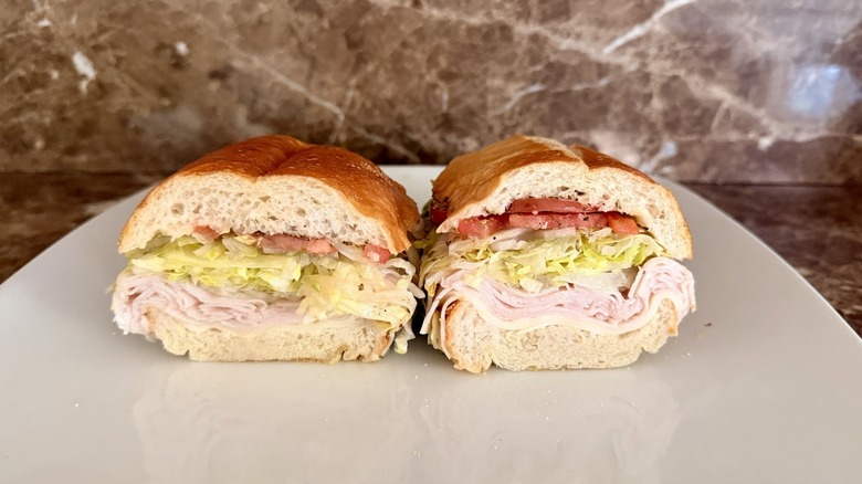 Jersey Mike's Turkey and Provolone sub cut in half