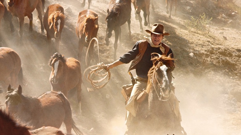 John Wayne playing a cowboy with horses and a lasso