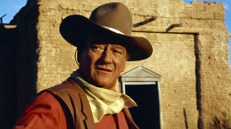 movie still of actor John Wayne on the set of the film El Dorado