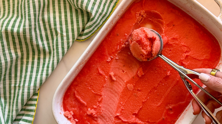 ice cream scoop scooping watermelon sorbet