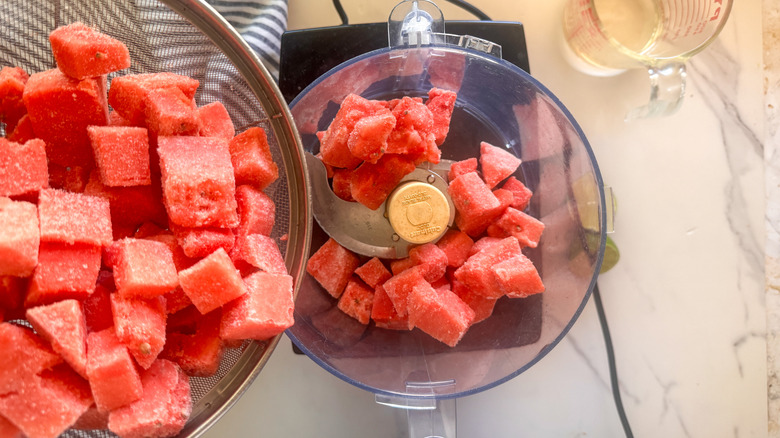 watermelon chunks going into food processor