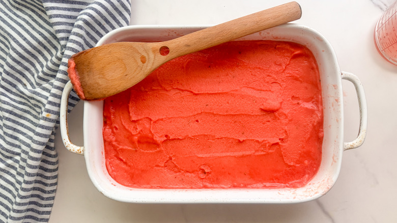 watermelon sorbet spread out in baking dish