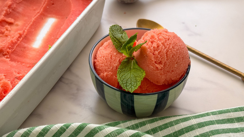 bowl of watermelon sorbet with mint