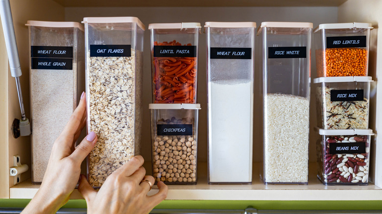 Row of labeled clear plastic food bins
