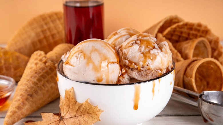 A bowl of ice cream with fall leaves and cones in the background