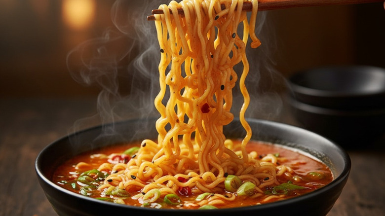Hot ramen noodles being picked up with chopsticks