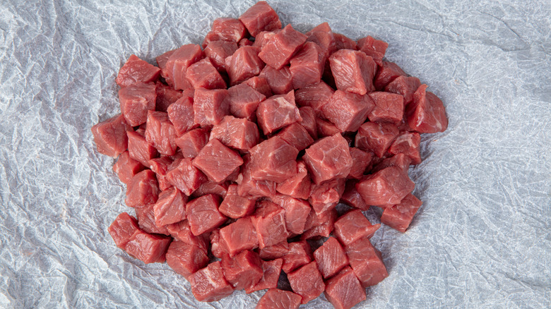 Cubed sirloin steak gathered together