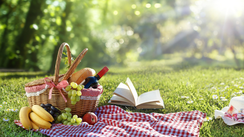 A red and white checkered picnic blanket sitting on grass in the sunshine with a basket full of fruit, a bottle of wine and an open book around it