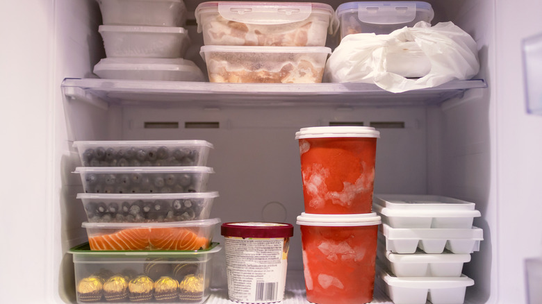 A well organized freezer with various containers