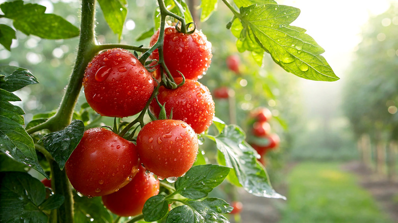 dew-covered tomatoes on the vine in a garden