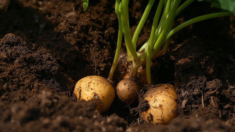 Potatoes emerging from the soil