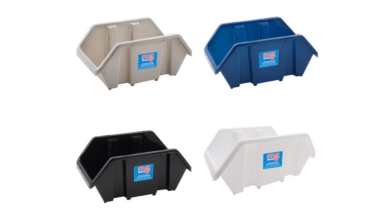 Dollar Tree Stack Them Up Stack & Nest Plastic Bins in black, white, gray, and blue colors