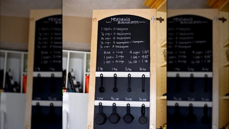 Chalkboard cabinet door with measuring cups hung