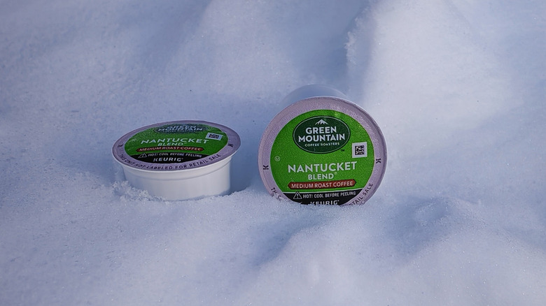 Two Green Mountain Nantucker K-Cups in snow