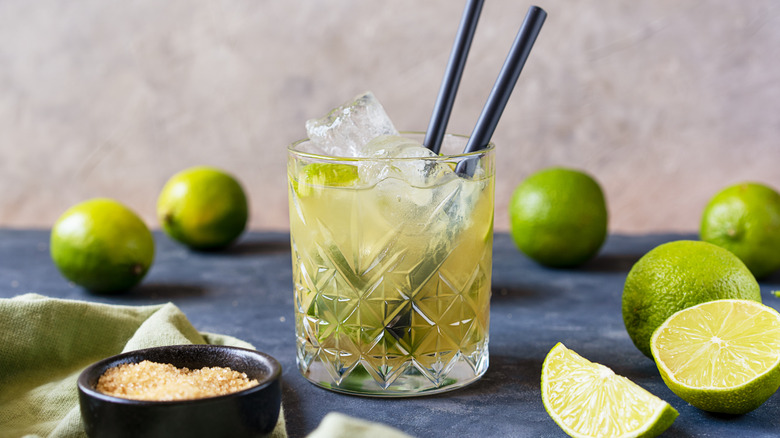 A glass of mojito with lemons around it