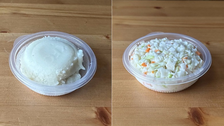 Individual servings of KFC mashed potato and coleslaw side by side